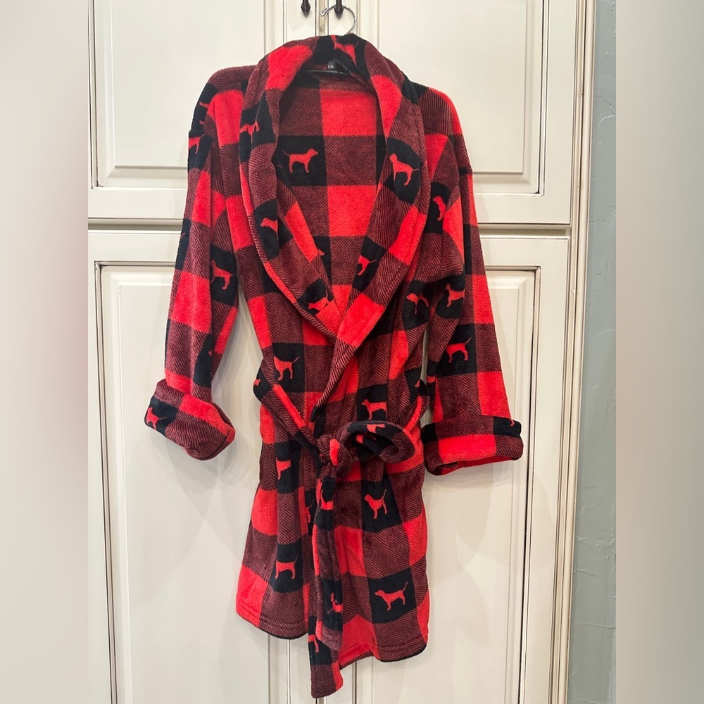 Red and Black Plaid Robe with Dog Pattern